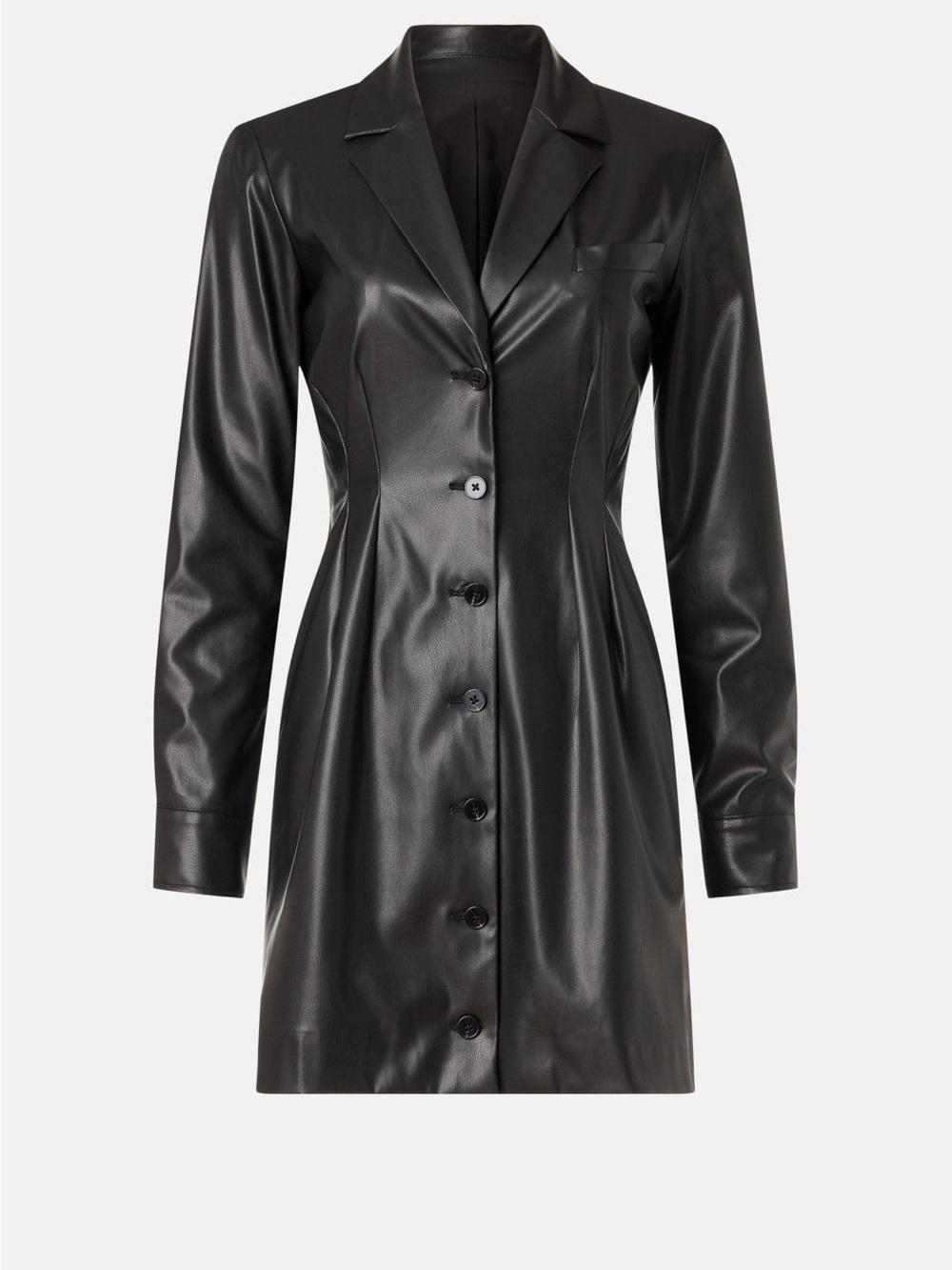 Black Faux Leather Button-Front Women's Coat